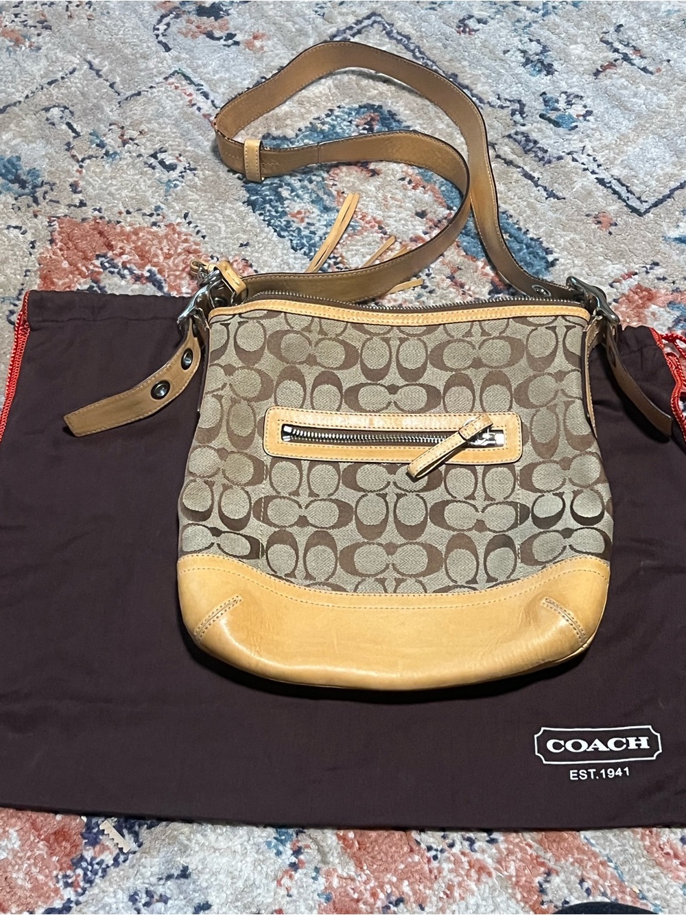 Coach Brown Signature Canvas Crossbody with Tan Leather Trim